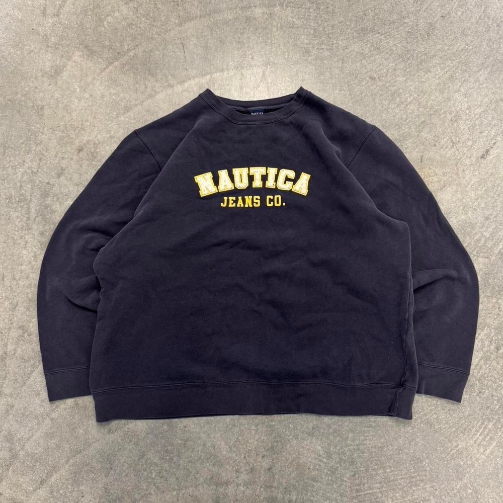 Vintage Nautica Jeans Crewneck Navy Blue Embroidered Spellout Pullover XXL